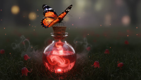 A vibrant orange and black butterfly perches on the cork of a small glass bottle. Inside, a radiant red liquid glows with subtle swirls and ethereal vapor, set upon a dark, grassy ground strewn with petals and soft background lights, evoking a mystical atmosphere.の素材