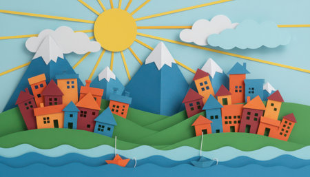 A meticulously crafted paper art illustration depicting a serene and colorful village nestled within a picturesque landscape. The scene features a bright yellow sun with radiating lines in a clear blue sky, accompanied by soft white clouds. Towering blue mountains with distinct snow-capped peaks rise in the background, contrasting with rolling green hills. A charming collection of small, multi-colored houses, created with layered paper, form a whimsical community on the slopes. In the foreground, a tranquil body of blue water with gentle waves hosts a tiny orange sailboat. This vibrant composition utilizes a handmade, dimensional aesthetic, conveying a cheerful and idyllic outdoor environment.の素材