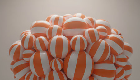 A close-up view of a vibrant arrangement of numerous spherical objects. Each object features distinct vertical stripes in bright orange and white, creating a playful and eye-catching pattern. They appear soft and rounded, clustered together against a neutral background. The visual effect is a dynamic and colorful texture.の素材