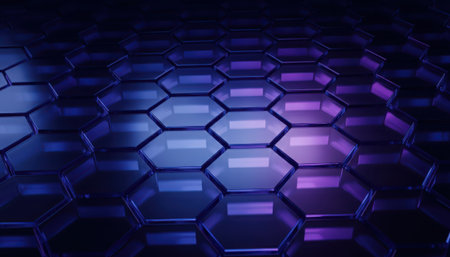A captivating digital background featuring an intricate hexagonal grid. The dark surface is illuminated by radiant blue and purple light effects, creating a futuristic and technological ambiance. Each hexagon glows, suggesting a network or data flow.の素材