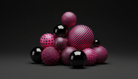 A captivating 3D render showcasing a dynamic composition of varied spheres. The collection includes smooth, shiny black orbs interspersed with textured magenta spheres, featuring patterns like stripes, ridges, and dimples. The objects are arranged in a sculptural pile against a minimalist dark background, creating a visually striking and modern abstract design with intriguing reflections and shadows.の素材