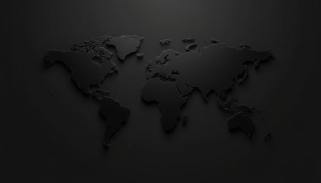 A dark, textured world map is depicted against a black background. Small, bright points of light are distributed across the continents, suggesting a global network or connected data points. The render has a modern and sophisticated aesthetic.の素材