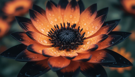 A captivating close-up presents a unique flower with an arresting bicolor pattern. The petals feature a vibrant orange hue near the center, gradually transitioning to a deep, dark black towards their tips. Numerous tiny water droplets glisten on the surface of each petal, creating a fresh, dewy appearance and reflecting ambient light. The intricate details of the bloom's dark central disc are visible, highlighting its botanical complexity. The background is softly blurred, ensuring the striking floral subject remains the focal point. This natural composition evokes a sense of delicate beauty and the freshness of nature after rain or dew.の素材