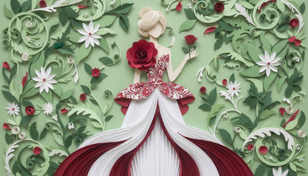An intricately detailed paper quilling artwork showcasing a graceful woman in an elaborate red and white gown. She holds a delicate red rose, her blonde hair styled elegantly. The central figure is surrounded by a lush tapestry of vibrant green foliage, numerous red roses, and small white flowers, all meticulously crafted from rolled paper strips. The background provides a soft, light green contrast, emphasizing the three-dimensional texture and artistic craftsmanship of this unique decorative piece. This creation embodies beauty, precision, and botanical charm.の素材