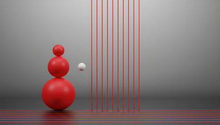 A striking abstract 3D rendering featuring two stacked red spheres. A small white sphere floats nearby, creating a sense of dynamic balance. Vertical red lines descend into a reflective surface, all set against a smooth grey background. This minimalist design emphasizes geometric forms and clean aesthetics.の素材