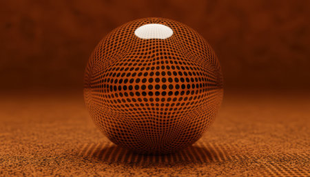 A three-dimensional rendering presents an abstract sphere with an intricate, textured pattern on its surface. The sphere rests on a granular ground, illuminated by a bright highlight at its apex. The composition is bathed in warm orange and brown colors.の素材