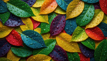 A vibrant and colorful background pattern composed of numerous overlapping leaves. Each leaf displays a distinct, rich hue including shades of red, green, blue, yellow, orange, and purple. The surfaces of the leaves are textured and appear to be covered with small, glistening droplets, adding depth and visual interest. This abstract representation of foliage creates a lively and dynamic visual texture.の素材
