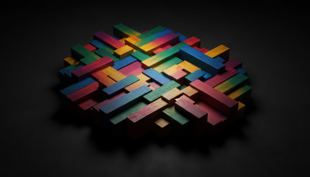A top-down view of a dense, circular pile of numerous small, rectangular building blocks, similar to toy bricks. The blocks are brightly colored in shades of red, blue, green, yellow, orange, and pink, intricately interlocked and layered together. The arrangement sits on a dark, matte surface, illuminated by a focused light source that highlights the textures and vibrant hues of the blocks, creating a central glow with subtle shadows around the edges. This arrangement evokes concepts of problem-solving, creativity, complexity, and structural design.の素材