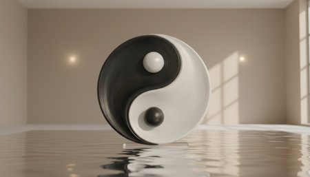 A 3D rendered depiction of a large, polished black and white Yin Yang symbol. It rests on a highly reflective surface within a minimalist room with beige walls. Sunlight streams through a window, illuminating the symbol and creating reflections on the floor, emphasizing balance and duality.の素材