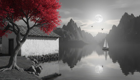 A striking red-leafed tree stands prominently on the left, contrasting with a monochromatic landscape. A small white building rests by a calm, reflective lake. Distant mountains rise under a bright sky, with a sailboat gently moving on the water and birds overhead. The scene evokes a sense of peace and artistic drama.の素材