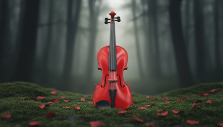 A striking red violin stands upright in a dimly lit forest clearing. Lush green grass covers the ground, sprinkled with crimson flower petals. Tall, dark trees form a mysterious backdrop, with a soft, ethereal light illuminating the scene from above. The instrument evokes a sense of wonder and music within nature.の素材