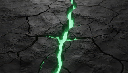 A close-up view of a parched, cracked earth surface, rendered in dark, muted tones. A prominent, deep fissure runs vertically through the center, emitting a vivid, luminescent green light. The surrounding ground displays intricate patterns of dry cracks, suggesting drought or environmental stress.の素材