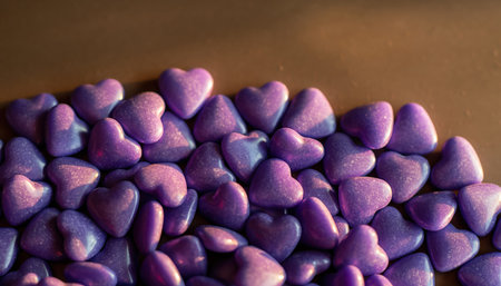 A close-up view reveals a generous collection of small, uniformly heart-shaped objects, rendered in various shades of vibrant purple and lavender. These delightful items are clustered together, creating a textured surface that fills a significant portion of the frame. They rest upon a warm, muted brown background, which provides a contrasting yet complementary backdrop. Each heart reflects light gently, suggesting a smooth or slightly glossy finish, possibly indicating they are confectionery, beads, or decorative embellishments. The composition emphasizes abundance and a sense of warmth, making it suitable for themes of love, celebration, and sweet treats.の素材