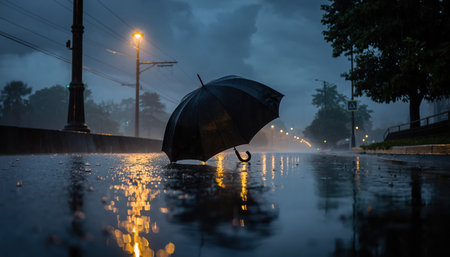 A moody, low-angle perspective captures an open black umbrella placed on a wet asphalt street during a heavy night rain. Warm yellow light from a distant streetlight reflects brightly on the numerous puddles and the glistening road surface. Trees and blurred lights line the background, creating a solitary urban atmosphere.の素材