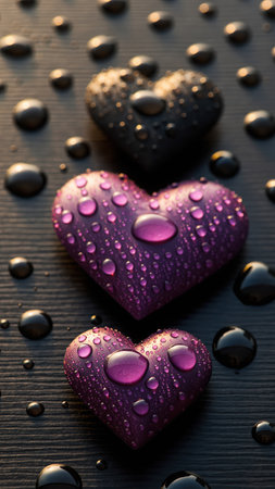 Three heart shapes, two purple and one dark, are arranged vertically on a textured, dark background. Many glistening water droplets cover the hearts and the surface, reflecting subtle light and creating a delicate, romantic mood.の素材