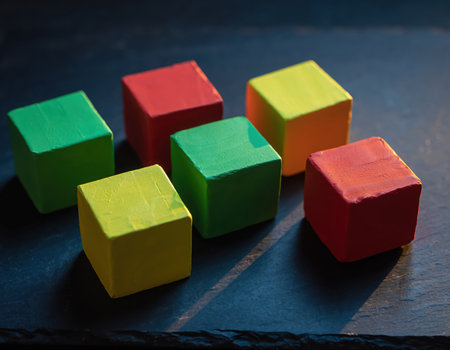 Six colorful wooden blocks in red, green, and yellow hues are arranged casually on a dark, textured surface, creating a playful and simple composition with soft shadows.の素材