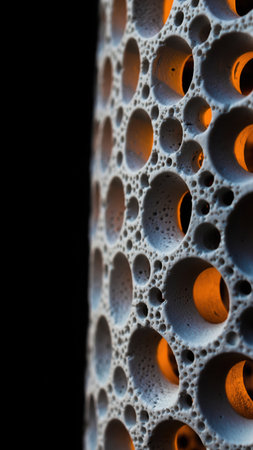 A detailed, vertical close-up of a greyish-white porous surface featuring numerous circular holes of varying sizes and depths. A warm orange light radiates from within some of the deeper apertures, creating a striking contrast against the textured material and a solid black background. This abstract composition emphasizes intricate patterns, light interplay, and structural detail, suitable for scientific, material science, or artistic contexts.の素材