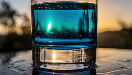 A close-up view of a glass containing a vibrant blue liquid, possibly a refreshing beverage. Tiny bubbles are visible within the drink, indicating effervescence. The glass rests on a wet, dark surface adorned with small water droplets, reflecting the warm, golden light of the setting sun. The background is softly blurred, showcasing a natural outdoor setting with hints of trees or foliage bathed in the evening glow. The scene evokes a sense of coolness and tranquility, perfect for a relaxing moment outdoors.の素材