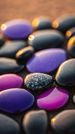 A close-up vertical perspective captures a serene arrangement of smooth, rounded pebbles. The collection features a mix of dark grey, vibrant purple, and hints of pink stones, contrasting beautifully against a textured, sandy-colored surface. Each pebble gleams with a subtle sheen, reflecting the soft, warm glow of golden hour illumination, creating specular highlights that emphasize their polished surfaces. The shallow depth of field gently blurs the foreground and background, drawing attention to the central cluster of stones and imparting a sense of tranquility and natural beauty. This peaceful composition evokes themes of calm, balance, and natural design.の素材
