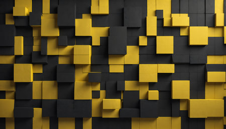 The scene displays a textured wall or surface composed of numerous three-dimensional rectangular blocks. These blocks are arranged in an irregular, staggered pattern, with some appearing to project outwards and others receding, creating visual depth and casting subtle shadows. The coloration alternates between a vibrant yellow and a deep black, distributed unevenly across the entire surface. This arrangement forms a dynamic, contrasting geometric mosaic, suitable for various design applications or as a contemporary backdrop. The lighting emphasizes the dimensional aspect of the blocks.の素材