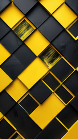 A visually striking abstract pattern featuring an intricate arrangement of interlocking yellow and black geometric shapes. The design creates a dynamic sense of depth, with some black elements showing a subtle, worn texture. This modern background presents a bold contrast and rhythmic repetition.の素材
