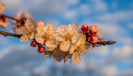 A close-up shot of a branch laden with numerous delicate pink and white blossoms, likely cherry or plum flowers, bathed in the warm glow of golden sunlight. The petals are intricate and soft, with several unbloomed reddish buds visible among the open flowers. A clear, bright blue sky with soft white clouds forms a serene, blurred background, highlighting the vibrant beauty of the springtime flora and conveying a sense of renewal.の素材