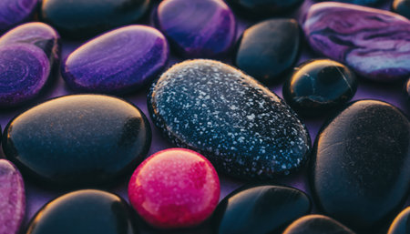 A close-up view of numerous smooth, wet pebbles in various shades of purple, dark blue, and black. One prominent pebble is a bright magenta, adding a vibrant contrast. Many stones show glistening specks, suggesting a moist surface. The pebbles are arranged closely together, creating an appealing textural pattern suitable for backgrounds and artistic designs.の素材