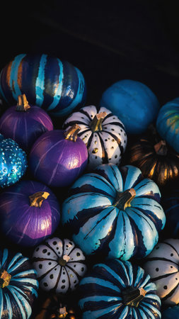 The scene features a captivating collection of decorative gourds, artistically painted in a rich palette of blues, purples, and whites, accented with metallic gold details. Various sizes of pumpkins are arranged closely, showcasing diverse patterns including glitter finishes, bold stripes, and whimsical polka dots. The dark, subtle background enhances the vibrant colors and intricate designs of each unique pumpkin, creating a striking visual display. This artistic composition evokes a modern festive spirit, perfect for autumn celebrations, Halloween decorations, or a creative centerpiece. The varied textures and hues offer a contemporary twist on traditional fall ornamentation, emphasizing creativity and elegant seasonal decor.の素材