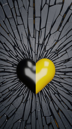 A vibrant black and yellow heart is centrally positioned against a dark, cracked background resembling broken glass. The heart is perfectly split vertically, with one half dark and the other half bright yellow. Lines of fracture radiate outwards from behind the heart, creating a sense of impact or disintegration around the solid, two-toned symbol.の素材