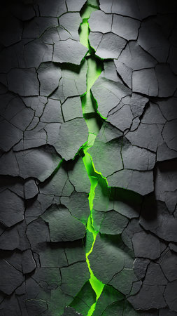 A dark, heavily textured surface, resembling cracked earth or rock, is dramatically split by a prominent vertical fissure. A vibrant, glowing neon-green light emanates powerfully from within the crack, illuminating the jagged edges. This abstract visual conveys raw energy, hidden power, or a significant breakthrough, suitable for conceptual backgrounds and dynamic designs.の素材