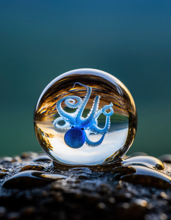 A transparent glass sphere, commonly known as a crystal ball or lens ball, is meticulously positioned on a dark, damp surface. Within the sphere, a vibrant blue octopus sculpture is clearly visible, inverted and magnified due to the optical refraction. The surrounding dark surface is adorned with numerous glistening water droplets, adding texture and depth to the foreground. In the background, a soft, out-of-focus blend of greens and blues suggests a natural, serene environment. The entire scene is bathed in warm, golden light, highlighting the details of the octopus and the sphere, creating a captivating and unique visual perspective.の素材