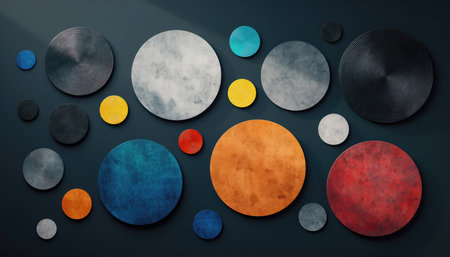 A top-down view of a diverse collection of textured circular objects arranged on a dark, deep blue-gray background. The circles vary significantly in size and color, including vibrant shades of red, orange, blue, and yellow, alongside neutral tones of white, gray, and black. Many of the circles exhibit a crumpled or wrinkled texture, reminiscent of metallic foil, paper, or fabric, creating interesting light reflections and shadows. The composition is dynamic and visually engaging, offering an abstract and artistic appeal, suitable for various design projects or conceptual backgrounds.の素材