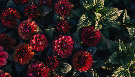 A close-up view of vibrant dark red dahlia flowers in full bloom. The spherical flower heads are dense with petals, set against deep green foliage. Many leaves and some petals are adorned with glistening water droplets, suggesting morning dew or recent rain. The scene captures the fresh beauty of a garden.の素材