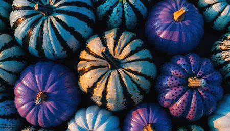 A dense arrangement of brightly colored ornamental gourds and small pumpkins fills the frame, showcasing various hues including deep purple, light blue with dark stripes, and a central cream-colored gourd with dark stripes. The textured surface and vivid colors create an engaging visual, perfect for seasonal or decorative content.の素材