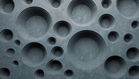 A close-up view of a grey, textured material featuring a repeating pattern of circular indentations or holes of varying sizes. The surface appears porous, similar to a sponge or foam, with visible fibers and depth created by shadows within the voids. The overall impression is an abstract, uniform texture.の素材