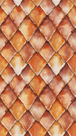 A vertical composition featuring a seamless, repeating pattern of overlapping, diamond-shaped elements. The individual shapes exhibit a rough, granular texture, reminiscent of toasted bread, crackers, or scales. The color palette consists of warm earthy tones, including various shades of orange, brown, and beige, creating a rustic and inviting visual. This textured surface provides an interesting backdrop for various design applications, offering depth and warmth through its geometric arrangement and tactile appearance.の素材