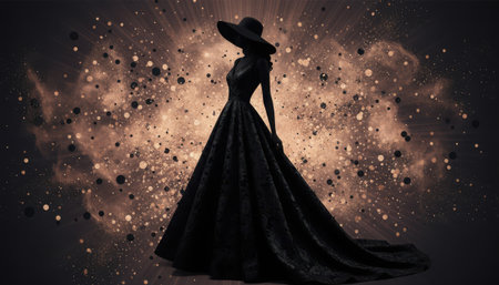 A striking visual depicts the silhouette of a woman in an elegant, flowing dark gown and a wide-brimmed hat, exuding a sense of mystery and sophistication. She stands against a dark, atmospheric backdrop illuminated by a dynamic array of warm, golden-brown glittering particles and dust, creating an ethereal and dramatic ambiance. The intricate texture of the gown adds a luxurious detail to the overall composition, suggesting a blend of fantasy and refined style.の素材