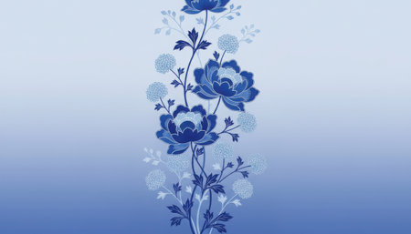 A vertical pattern of blue flowers, possibly roses, with delicate white floral accents, set against a smooth blue gradient background. This elegant botanical illustration provides a serene and classic decorative element.の素材