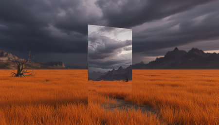 A vast expanse of golden-orange field stretches under an intensely dramatic and stormy sky, filled with dark, ominous clouds. Centered within this striking landscape is a rectangular, transparent or reflective panel that acts as a visual portal. Through this unique window, a distinctly different scene is revealed: a brighter, more serene sky with hints of light and distant, majestic mountains, sharply contrasting with the immediate overcast environment. This conceptual composition creates a compelling juxtaposition of realities, evoking themes of alternate perspectives, hidden beauty, or a gateway to another realm, all bathed in rich, natural hues and dramatic lighting.の素材
