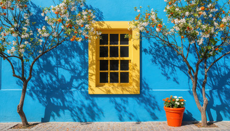 A striking composition featuring a vivid blue building wall serving as a backdrop for a golden yellow window with multiple panes. Two trees with white blossoms or light green foliage frame the window, casting interesting shadows on the textured blue surface. A terracotta pot with a green plant sits on a light-colored ground below the window, adding a touch of natural accent. This cheerful outdoor scene evokes a Mediterranean or European village aesthetic, highlighting architectural detail and vibrant color contrasts.の素材