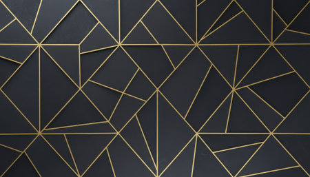A sophisticated background featuring a network of shimmering gold geometric lines over a dark, matte surface. The pattern includes both solid and dashed lines, creating an intricate, modern, and luxurious texture suitable for various design applications.の素材