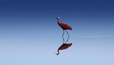 A vibrant red bird, possibly a scarlet ibis or flamingo, stands gracefully in incredibly still, shallow blue water. Its vivid plumage is perfectly mirrored on the tranquil surface, creating a striking symmetrical reflection. The minimalist composition features a clear blue background, conveying a sense of peace, solitude, and natural beauty. This serene scene captures the bird's elegance in its calm environment.の素材