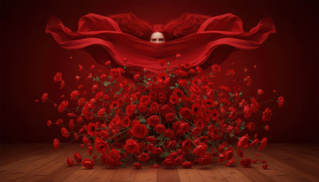 A captivating display of numerous vibrant red roses appearing to explode or scatter downwards from a large, elegant red fabric structure resembling a grand petal or bloom. The roses cascade onto a rich wooden surface, creating a dynamic and abundant scene. This artistic representation evokes feelings of love, romance, celebration, and passionate emotions. The deep crimson hues dominate the composition, set against a dark, warm background.の素材