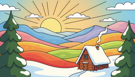 A vibrant and stylized digital artwork depicting a serene winter landscape. The scene features a cozy, snow-covered wooden cabin nestled amidst a snowy terrain with prominent evergreen trees. In the background, rolling mountains are illustrated with a striking array of colorful dotted lines, ranging from pastel pinks and purples to blues, greens, oranges, and reds. A radiant sunrise or sunset illuminates the sky with warm yellow and orange hues, its rays depicted as dashed lines extending across the sky. The overall aesthetic presents a peaceful and picturesque outdoor setting with a unique dotted art style.の素材