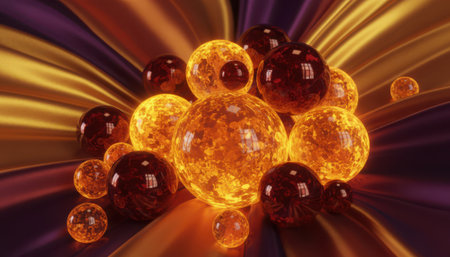 A visually striking composition featuring a central cluster of translucent, spherical objects. These orbs emit a warm, glowing amber and orange light, creating a sense of energy and radiance. The spheres vary in size and intensity, some appearing darker brown, while others brightly illuminate. They are arranged against a vibrant, abstract background characterized by radial lines and folds in shades of purple, yellow, and orange, suggesting movement and a bursting effect. This artistic representation evokes concepts of warmth, light, and dynamic processes.の素材