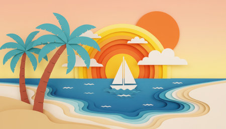 This vibrant illustration depicts a serene tropical beach scene, rendered in a paper cut art style with layered elements creating depth. Two palm trees stand on a sandy shore, overlooking a calm ocean where a sailboat glides. The background features stylized suns and clouds, suggesting a beautiful sunset or sunrise. The warm color palette evokes feelings of summer, vacation, and a peaceful paradise.の素材