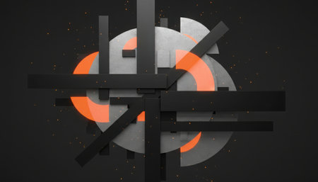 A contemporary abstract composition with dynamic geometric shapes. Fragmented circles and linear elements in shades of vibrant orange and textured gray are set against a deep, dark background. The design evokes movement and a modern, digital aesthetic, suitable for various creative and corporate applications.の素材