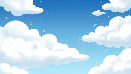 A serene expanse of bright blue sky, populated by soft, voluminous white clouds. Subtle sparkling particles add a touch of whimsy, evoking a peaceful and open-air atmosphere.の素材