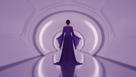 A solitary figure is seen from behind, walking away down a futuristic purple corridor. The tunnel-like space features prominent circular glowing light fixtures on its white walls, creating a sense of depth and symmetry. The overall aesthetic is minimalist and modern, evoking themes of future, technology, and exploration.の素材