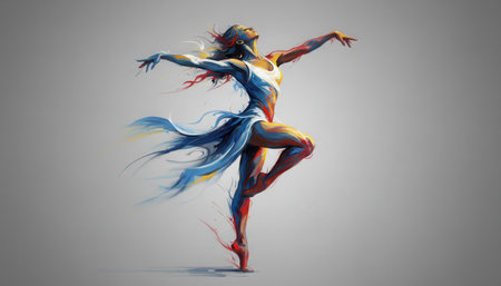 Vibrant digital art shows a ballerina in a graceful, dynamic pose en pointe. Her form dissolves into colorful pixelated elements and paint splatters, symbolizing fluidity and artistic energy against a neutral grey background.の素材
